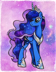 Size: 1601x2048 | Tagged: safe, artist:dariarchangel, derpibooru import, princess luna, alicorn, pony, g4, adorable face, alternate accessories, beautiful, blue coat, blue eyes, concave belly, crescent moon, crown, cute, cute face, cute smile, ethereal hair, ethereal mane, ethereal tail, eyeshadow, female, folded wings, galaxy, galaxy hair, galaxy mane, galaxy tail, head turn, hoof shoes, horn, jewelry, long legs, lunabetes, makeup, mare, moon, peytral, pretty, princess, princess shoes, regalia, royalty, smiling, solo, space, sparkles, standing, starry hair, starry mane, starry tail, stars, sweet dreams fuel, tail, traditional art, unicorn horn, wings