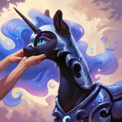 Size: 1024x1024 | Tagged: safe, ai content, derpibooru import, machine learning generated, nightmare moon, alicorn, human, pony, g4, anonymous prompter, armor, cute, female, hand, human on pony petting, looking at someone, looking offscreen, looking to side, looking to the left, mare, offscreen character, offscreen human, petting, profile, side view, smiling