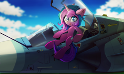 Size: 1500x895 | Tagged: safe, artist:skyeypony, derpibooru import, oc, oc only, oc:stellar trace, pony, unicorn, aircraft, cloud, complex background, female, french, horn, jet, jet fighter, looking at you, mare, mirage 2000, plane, sitting, solo