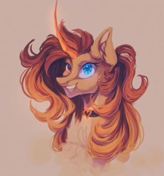 Size: 735x791 | Tagged: safe, artist:reminati_27, derpibooru import, oc, oc only, pony, unicorn, bust, chest fluff, choker, curved horn, female, horn, mare, portrait, smiling