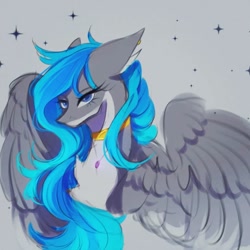 Size: 1080x1080 | Tagged: safe, artist:reminati_27, derpibooru import, oc, oc only, pegasus, pony, chest fluff, choker, ear piercing, earring, female, gray background, jewelry, mare, necklace, piercing, simple background, spread wings, wings