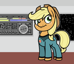 Size: 2048x1790 | Tagged: safe, artist:ewoudcponies, derpibooru import, part of a set, applejack, earth pony, pony, g4, clothes, female, mare, solo, space, spaceship, uniform