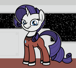 Size: 2048x1845 | Tagged: safe, artist:ewoudcponies, derpibooru import, part of a set, rarity, pony, unicorn, g4, clothes, female, horn, looking at you, mare, smiling, smiling at you, solo, space, spaceship, uniform