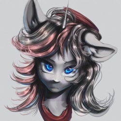 Size: 1080x1080 | Tagged: safe, artist:reminati_27, derpibooru import, oc, oc only, pony, unicorn, bust, clothes, gray background, horn, portrait, simple background, solo