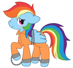 Size: 1240x1162 | Tagged: safe, artist:mimiqq, derpibooru import, rainbow dash, pegasus, bashful, blushing, chained, chains, clothes, commissioner:rainbowdash69, cuffed, cuffs, jumpsuit, never doubt rainbowdash69's involvement, prison outfit, prisoner, prisoner rd, shackles, simple background, smiling, solo, transparent background