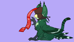 Size: 1280x720 | Tagged: safe, artist:capital-asterisk, derpibooru import, oc, oc only, griffon, aviation, cat tail, ear tufts, falconry hood, feathered wings, green feathers, green fur, griffon oc, raised leg, simple background, solo, tail, tail feathers, talons, wings