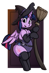 Size: 1580x2340 | Tagged: safe, artist:andelai, derpibooru import, twilight sparkle, twilight sparkle (alicorn), alicorn, semi-anthro, belt, bipedal, broom, chubby, clothes, costume, female, happy, hat, leotard, simple background, socks, solo, thigh highs, witch, witch hat