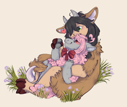 Size: 1341x1127 | Tagged: safe, artist:crowkadow, derpibooru import, oc, oc:grenda, oc:pixel, anthro, sheep, yak, couple, female, hug, outdoors, sheep oc, snuggling, yak oc