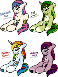 Size: 2078x2745 | Tagged: safe, artist:sexygoatgod, derpibooru import, oc, oc only, oc:ivy crown, oc:mulberry wine, oc:patchwork love, oc:rainbow kicker, earth pony, pegasus, pony, unicorn, adoptable, beauty mark, coat markings, colored hooves, colored wings, colored wingtips, ears, earth pony oc, female, floppy ears, folded wings, group, hoof heart, hooves, horn, lidded eyes, mare, multicolored hair, not berry punch, not rainbow dash, not species swap, pale belly, pegasus oc, quartet, rainbow hair, recolor, simple background, sitting, socks (coat marking), transparent background, underhoof, unicorn oc, wings