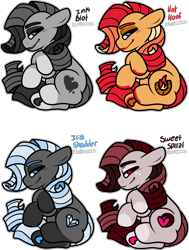 Size: 1977x2617 | Tagged: safe, artist:sexygoatgod, derpibooru import, oc, oc only, oc:hot hoof, oc:icy shoulder, oc:ink blot, oc:sweet spiral, earth pony, pony, adoptable, blue eyes, colored hooves, earth pony oc, female, group, hoof heart, hooves, lipstick, looking at you, magenta eyes, mare, monochrome, quartet, recolor, simple background, smiling, smiling at you, sock, transparent background, underhoof