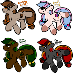 Size: 2383x2380 | Tagged: safe, artist:sexygoatgod, derpibooru import, oc, oc only, oc:crunchy leaves, oc:fire starter, oc:lolly poppy, oc:new sprout, earth pony, pony, adoptable, coat markings, colored hooves, female, freckles, golden eyes, group, hair beads, hooves, lidded eyes, mare, orange eyes, quartet, recolor, simple background, socks (coat marking), tail, tail beads, tied mane, tied tail, transparent background