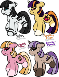 Size: 1940x2543 | Tagged: safe, artist:sexygoatgod, derpibooru import, oc, oc only, oc:bliss, oc:cherry shot, oc:lavender crumble, oc:pumpkin flash, earth pony, hybrid, pegasus, pony, unicorn, zony, adoptable, blaze (coat marking), blue eyes, coat markings, colored wings, colored wingtips, cyan eyes, earth pony oc, eyeshadow, facial markings, female, folded wings, freckles, group, horn, leg stripes, lidded eyes, lipstick, magenta eyes, makeup, mare, pegasus oc, purple eyes, quartet, recolor, simple background, socks (coat marking), stripes, transparent background, unicorn oc, wings