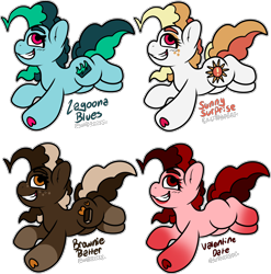 Size: 2362x2394 | Tagged: safe, artist:sexygoatgod, derpibooru import, oc, oc only, oc:brownie batter, oc:lagoona blues, oc:sunny surprise, oc:valentine date, earth pony, pony, adoptable, coat markings, earth pony oc, female, freckles, gradient legs, grin, group, hoof heart, leaping, lipstick, magenta eyes, mare, orange eyes, quartet, recolor, red eyes, simple background, smiling, socks (coat marking), transparent background, underhoof