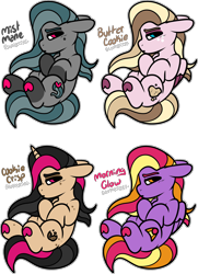 Size: 1924x2663 | Tagged: safe, artist:sexygoatgod, derpibooru import, oc, oc only, oc:butter cookie, oc:cookie crisp, oc:mist mane, oc:morning glow, earth pony, pegasus, pony, unicorn, adoptable, beauty mark, coat markings, colored wings, colored wingtips, curled up, ears back, earth pony oc, eyeshadow, female, folded wings, freckles, group, hoof heart, horn, leg freckles, lidded eyes, magenta eyes, makeup, mare, orange eyes, pegasus oc, quartet, recolor, simple background, socks (coat marking), transparent background, underhoof, unicorn oc, wings