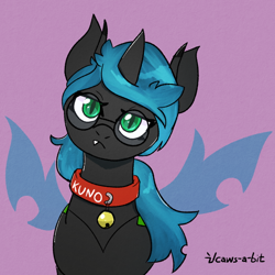 Size: 680x680 | Tagged: safe, artist:capital-asterisk, derpibooru import, oc, oc only, changeling, changeling queen, bell, bell collar, changeling oc, changeling queen oc, collar, fangs, glasses, green eyes, looking at you, pouting, round glasses, simple background, slit eyes, solo, spread wings, wings