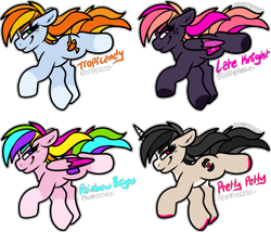 Size: 2215x1897 | Tagged: safe, artist:sexygoatgod, derpibooru import, oc, oc only, oc:late knight, oc:pretty petty, oc:rainbow bright, oc:tropicancy, earth pony, pegasus, pony, unicorn, adoptable, blaze (coat marking), coat markings, colored hooves, colored wings, colored wingtips, earth pony oc, facial markings, female, folded wings, freckles, green eyes, group, hooves, horn, magenta eyes, mare, multicolored hair, pale belly, pegasus oc, purple eyes, quartet, rainbow hair, recolor, simple background, socks (coat marking), transparent background, unicorn oc, wings