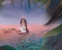 Size: 1440x1174 | Tagged: safe, artist:_.v.aporwave, derpibooru import, oc, oc only, pony, ear piercing, earring, female, horns, jewelry, mare, necklace, outdoors, piercing, scenery, shirtless shirt collar, solo, thin, water, waterfall