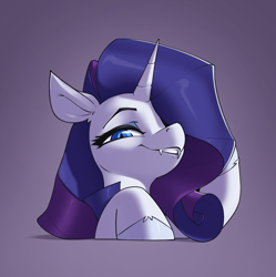 Size: 1668x1675 | Tagged: safe, artist:aquaticvibes, derpibooru import, rarity, pony, unicorn, bust, fangs, female, gradient background, horn, looking at you, mare, portrait, smiling, smiling at you, solo