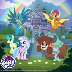 Size: 1080x1080 | Tagged: safe, derpibooru import, gallus, ocellus, sandbar, silverstream, smolder, yona, changedling, changeling, dragon, earth pony, griffon, hippogriff, yak, g4, female, gameloft, male, my little pony logo, rainbow, school of friendship, student six