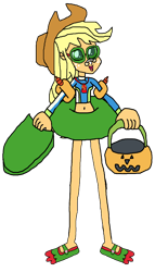 Size: 1941x3405 | Tagged: safe, artist:christian soto, derpibooru import, applejack, better together, equestria girls, forgotten friendship, g4, applejack's beach shorts swimsuit, clothes, equestria girls specials, female, flippers, goggles, halloween, hat, holiday, inner tube, kickboard, noseclip, pool toy, pumpkin bucket, simple background, solo, sunscreen, swimsuit, towel, transparent background, trick or treat, water wings