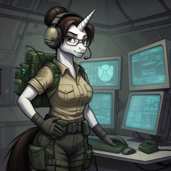 Size: 1024x1024 | Tagged: safe, ai content, derpibooru import, machine learning generated, raven, anthro, unicorn, series:g.i. pony: a real equestrian hero, g4, backpack, breasts, clothes, computer, cosplay, costume, female, g.i. joe, generator:google imagen 3.0, glasses, gloves, hand on hip, headphones, headset, horn, indoors, microphone, military uniform, prompter:zerowinger, smiling, solo, sparks (gi joe), uniform