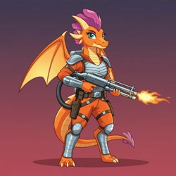 Size: 1024x1024 | Tagged: safe, ai content, derpibooru import, machine learning generated, smolder, anthro, digitigrade anthro, dragon, series:g.i. pony: a real equestrian hero, g4, body armor, charbroil, clothes, cosplay, costume, dragoness, female, flamethrower, g.i. joe, generator:google imagen 3.0, gradient background, prompter:zerowinger, solo, spread wings, weapon, wings