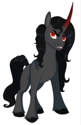 Size: 837x1280 | Tagged: safe, artist:kokorokinda, derpibooru import, oc, oc only, oc:shade starlight, pony, unicorn, curved horn, fangs, horn, male, not king sombra, not sombra, red eyes, red horn, simple background, solo, stallion, stallion oc, unicorn oc, unshorn fetlocks, white background