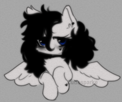 Size: 832x696 | Tagged: safe, artist:cutiesparke, derpibooru import, oc, oc:ocean eyes, pegasus, pony, g4, bags under eyes, black mane, blue eyes, choker, ear piercing, earring, female, gray background, hoof heart, jewelry, lidded eyes, piercing, raised hoof, raised leg, simple background, solo, spread wings, underhoof, white fur, wings