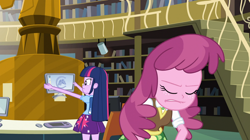 Size: 1904x1064 | Tagged: safe, derpibooru import, screencap, cheerilee, twilight sparkle, human, equestria girls, g4, backpack, book, bookshelf, cheerilee is not amused, clothes, computer, duo, duo female, female, library, my little pony equestria girls, skirt, unamused