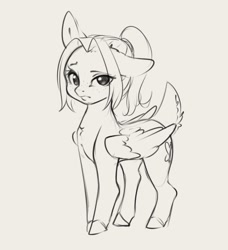 Size: 1116x1225 | Tagged: safe, artist:miokomata, derpibooru import, oc, oc only, oc:mio, pegasus, pony, chest fluff, deer tail, eyebrows, female, grayscale, looking at you, mare, monochrome, one ear down, raised eyebrow, simple background, solo, tail, white background