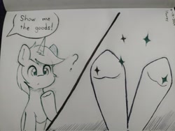 Size: 2048x1538 | Tagged: safe, artist:taurson, derpibooru import, oc, oc only, oc:coffee, pony, unicorn, dialogue, hooves, horn, male, oc-tober, offscreen character, pen drawing, question mark, show me the goods, solo, sparkles, speech bubble, stallion, traditional art, underhoof