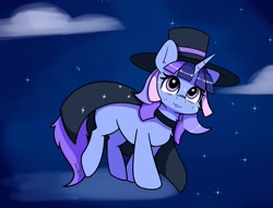 Size: 1940x1484 | Tagged: safe, artist:taurson, derpibooru import, oc, oc only, oc:flawless sparklemoon, pony, unicorn, cape, clothes, female, fusion, fusion:trixie, fusion:twilight sparkle, fusion:twixie, hat, horn, looking at you, mare, my little pony the movie: the death of twilight sparkle, smiling, smiling at you, solo, top hat