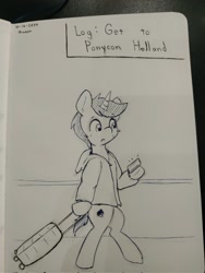 Size: 1538x2048 | Tagged: safe, artist:taurson, derpibooru import, oc, oc only, oc:coffee, pony, unicorn, bipedal, clothes, grayscale, hoodie, horn, male, monochrome, oc-tober, pen drawing, solo, stallion, suitcase, traditional art