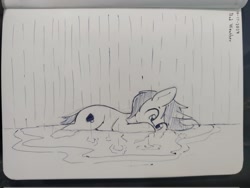 Size: 2048x1538 | Tagged: safe, artist:taurson, derpibooru import, oc, oc only, oc:coffee, pony, unicorn, grayscale, horn, lying down, male, monochrome, oc-tober, pen drawing, prone, puddle, rain, solo, sploot, stallion, traditional art