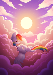 Size: 2575x3591 | Tagged: safe, artist:viryav, derpibooru import, rainbow dash, pegasus, pony, cloud, colored wings, eyes closed, female, high res, lying down, mare, on a cloud, on back, sleeping, sleeping on a cloud, solo, spread wings, sun, sunset, two toned wings, wings