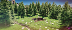 Size: 5156x2160 | Tagged: safe, artist:lux le pegase, derpibooru import, comic:a storm's lullaby, 3d, blender, blender cycles, bridge, cabin, cycles render, fanfic art, grass, mountain, natural, photorealistic, pin, realistic, river, rock, scenery, signature, spring, tree, water