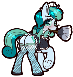 Size: 1993x2123 | Tagged: safe, artist:chiefywiffy, derpibooru import, oc, oc only, oc:prixy, pony, unicorn, clothes, colored sclera, commission, dress, duster, female, fishnet clothing, fishnet stockings, horn, maid, maid headdress, mare, neck bow, rear view, simple background, solo, stockings, thigh highs, transparent background, ych result