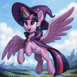 Size: 1024x1024 | Tagged: safe, ai content, derpibooru import, generator:pony diffusion v6 xl, generator:stable diffusion, machine learning generated, twilight sparkle, twilight sparkle (alicorn), alicorn, pony, g4, chest fluff, cloud, day, ear fluff, ears, flying, full body, hat, mountain, prompter:thelight3d, tail, wings, wizard hat