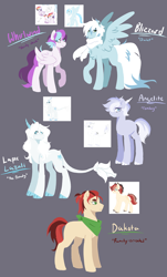 Size: 4816x7950 | Tagged: safe, artist:lilyube, derpibooru import, oc, oc only, oc:angelite, oc:blizzard, oc:dakota, oc:lapis lazuli, oc:whirlwind, dracony, earth pony, hybrid, pegasus, pony, bandana, clothes, earth pony oc, female, gray background, horns, interspecies offspring, leonine tail, male, mare, next generation, offspring, parent:applejack, parent:caramel, parent:rainbow dash, parent:rarity, parent:soarin', parent:spike, parents:carajack, parents:soarindash, parents:sparity, pegasus oc, redesign, scarf, simple background, stallion, tail