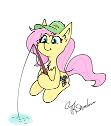 Size: 3562x4019 | Tagged: safe, artist:tkshoelace, derpibooru import, fluttershy, pony, g4, chest fluff, cute, ear fluff, ears, fishing, fishing rod, hat, holding, hoof hold, shyabetes, simple background, sitting, smiling, solo, text, white background