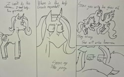 Size: 2566x1590 | Tagged: safe, artist:otl crafts, derpibooru import, princess luna, trixie, oc, oc:gracie, alicorn, bird, pony, swan, unicorn, series:desolate kingdom, g4, comic, crooked horn, crying, dialogue, dream, gaunt, horn, messy mane, slender, stylized text, thin, traditional art