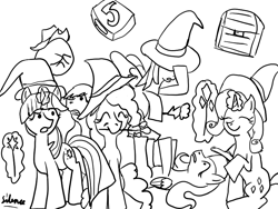 Size: 800x600 | Tagged: safe, artist:silence, derpibooru import, applejack, fluttershy, pinkie pie, rarity, twilight sparkle, unicorn twilight, earth pony, pegasus, unicorn, black and white, chest, drawthread, grayscale, horn, lineart, lying down, mario party, monochrome, on back, signature, simple background, standing, white background