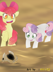 Size: 682x930 | Tagged: safe, artist:wh189, derpibooru import, apple bloom, scootaloo, sweetie belle, g4, apple family member, confused, cutie mark crusaders, dirty, scared, skull, story art