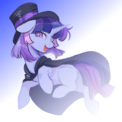 Size: 1000x1000 | Tagged: safe, artist:lawillowsea, derpibooru import, oc, oc only, oc:flawless sparklemoon, pony, unicorn, cape, clothes, female, fusion, fusion:trixie, fusion:twilight sparkle, fusion:twixie, gradient background, hat, head turn, horn, looking at you, mare, multicolored hair, my little pony the movie: the death of twilight sparkle, open mouth, open smile, smiling, smiling at you, solo, starry eyes, top hat