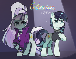 Size: 2900x2261 | Tagged: safe, artist:goldenage2049, derpibooru import, coloratura, earth pony, pony, g4, choker, clothes, countess coloratura, dress, duality, duo, duo female, female, jacket, leather, leather jacket, mare, raised hoof, raised leg, rara, self paradox, self ponidox, skirt, spiked choker, spiked wristband, spotlight, wristband