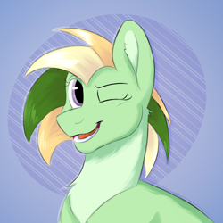 Size: 2048x2048 | Tagged: safe, artist:vendette, derpibooru import, oc, oc only, oc:jitterbug, earth pony, pony, blonde, blonde hair, blonde mane, bust, green, green fur, icon, looking at you, one eye closed, purple eyes, smiling, smiling at you, solo, wink, winking at you