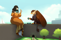 Size: 1280x844 | Tagged: safe, artist:muramuri, derpibooru import, oc, oc only, oc:callista, oc:darien platecrête, anthro, digitigrade anthro, dog, griffon, castle, clothes, cup, dress, griffon oc, macro, sky, teacup, uniform