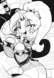 Size: 3238x4629 | Tagged: safe, artist:whiskeypanda, derpibooru import, oc, oc:lumo, lamia, original species, snake, snake pony, clothes, collar, commission, ear piercing, eyeshadow, fangs, fishnet clothing, forked tongue, grayscale, headband, horn, horn ring, ink drawing, jewelry, lidded eyes, looking at you, makeup, microphone, monochrome, open mouth, piercing, punk, raised eyebrows, ring, shirt, signature, simple background, singing, solo, spiked collar, spiked headband, spiked wristband, spikes, t-shirt, tongue, tongue out, traditional art, wristband