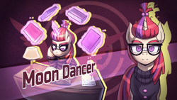 Size: 1920x1080 | Tagged: safe, artist:bkiltersot, derpibooru import, moondancer, pony, unicorn, g4, book, danganronpa, desk lamp, female, glasses, horn, lamp, magic, mare, quill, reading, solo, text