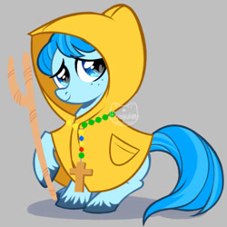 Size: 1240x1240 | Tagged: safe, artist:enochian, derpibooru import, earth pony, pony, g4, cane, cross, cross necklace, fanart, female, filly, foal, full body, gray background, jewelry, jubilee 2025, luce, meme, necklace, ponified, ponified meme, raincoat, rule 85, simple background, solo, the vatican pony, unshorn fetlocks, vatican, watermark